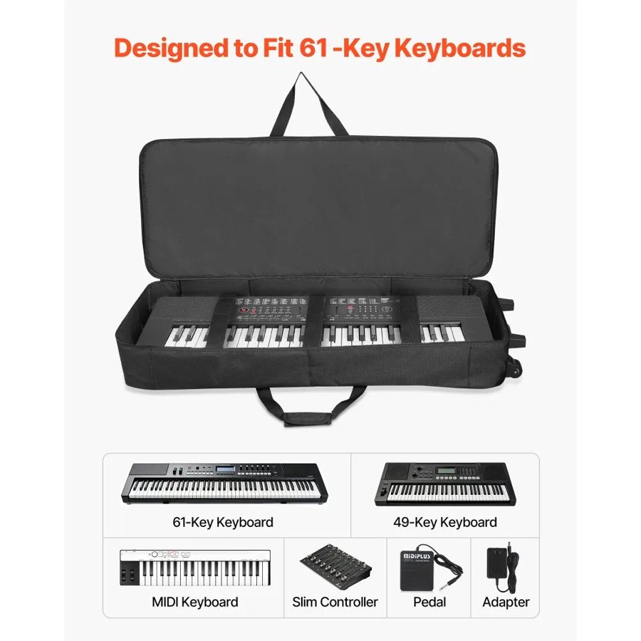 VEVOR 88 Key Keyboard Case, 1040 x 430 x 130 mm Interior, Padded Rolling Piano Case with Wheels, Sturdy Handle, 3-Pocket Storage, Gig Bag with Smooth Wheels, for 88 Note Keyboards and Electric Pianos