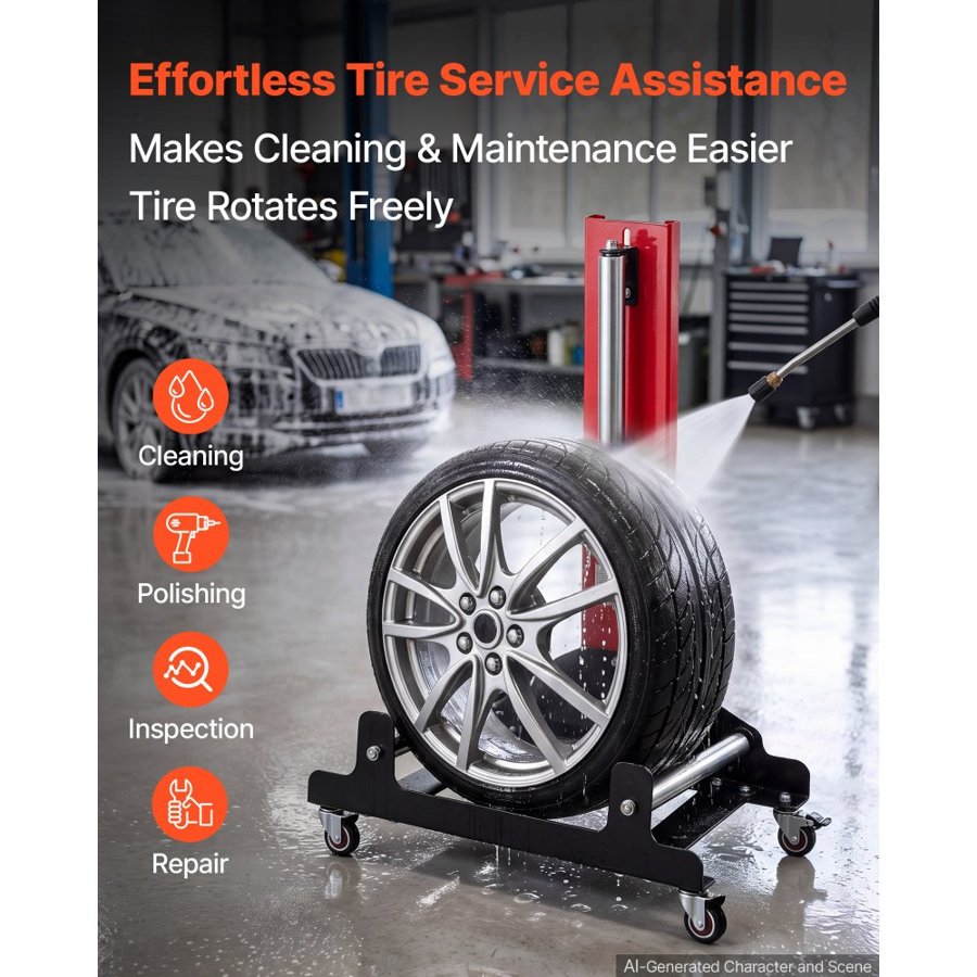 VEVOR Wheel Detailing Stand, 50kg Heavy Duty Steel Tire Cleaning Stand, Wheel Polishing Rack with 3-Way Rotating Rollers, Fits 597-1105mm Tires for Car Wheel Cleaning, Ceramic Coating, Tire Shine