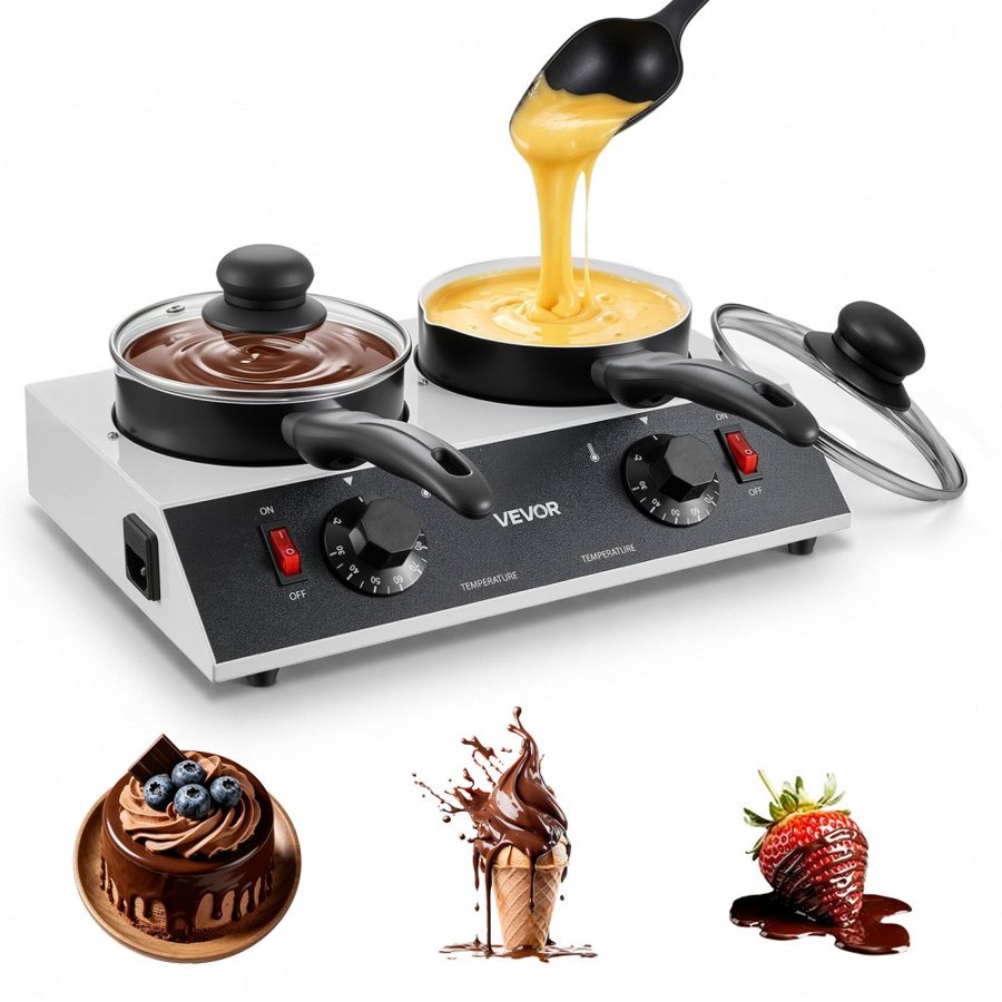 VEVOR Chocolate Melting Pot - 2 x 1 L Pots, 30℃ to 85℃ Choc Warm Machine, 80W Even Cheese Melter, 2 Knobs Temp Control, 2 Ceramic Coated Pots, Electric Warmer for Mulled Milk Candy, Commercial & Home