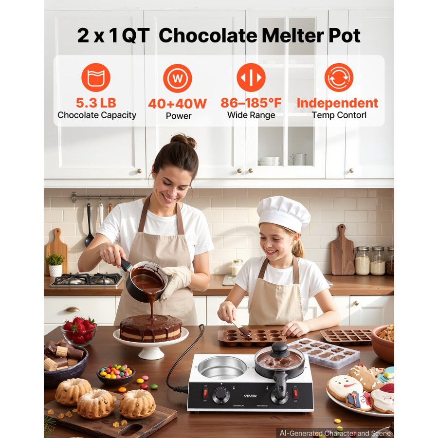VEVOR Chocolate Melting Pot - 2 x 1 L Pots, 30℃ to 85℃ Choc Warm Machine, 80W Even Cheese Melter, 2 Knobs Temp Control, 2 Ceramic Coated Pots, Electric Warmer for Mulled Milk Candy, Commercial & Home