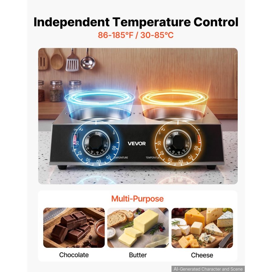 VEVOR Chocolate Melting Pot - 2 x 1 L Pots, 30℃ to 85℃ Choc Warm Machine, 80W Even Cheese Melter, 2 Knobs Temp Control, 2 Ceramic Coated Pots, Electric Warmer for Mulled Milk Candy, Commercial & Home