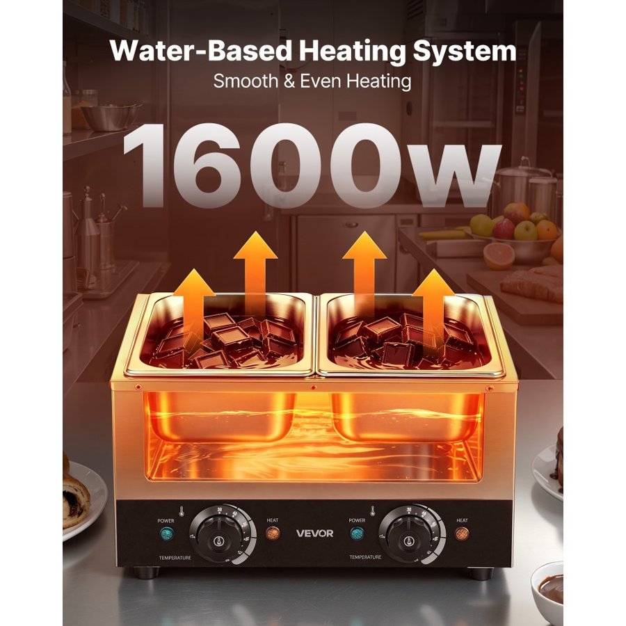 VEVOR 2-Temp Knob Chocolate Melting Machine, 2 Tanks 8.2 kg Choc Melter, 1600W Power, Independent Temp Control, Water Bath Heat System, Stainless Steel, 30℃ to 85℃, Cheese Warmer, Commercial & Home