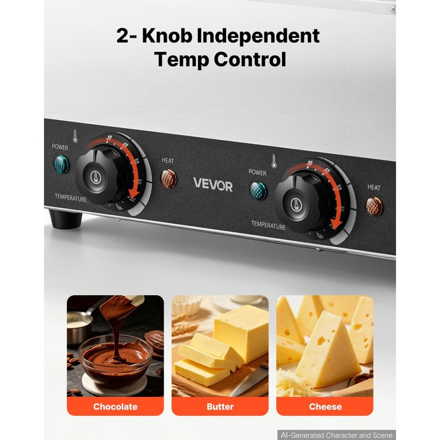 VEVOR 2-Temp Knob Chocolate Melting Machine, 2 Tanks 8.2 kg Choc Melter, 1600W Power, Independent Temp Control, Water Bath Heat System, Stainless Steel, 30℃ to 85℃, Cheese Warmer, Commercial & Home