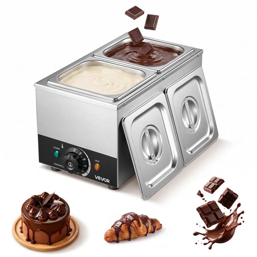 VEVOR Chocolate Melting Machine, 2 Tanks 4 kg Choc Commercial Melter, 800W High Power, Water Bath Heating System, Stainless Steel Body, 30℃ to 85℃ Temp Range, Chocolate Warmer for Cheese Milk