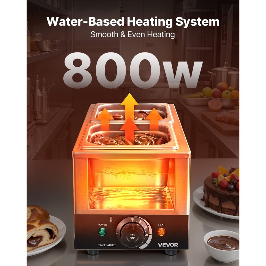 VEVOR Chocolate Melting Machine, 2 Tanks 4 kg Choc Commercial Melter, 800W High Power, Water Bath Heating System, Stainless Steel Body, 30℃ to 85℃ Temp Range, Chocolate Warmer for Cheese Milk