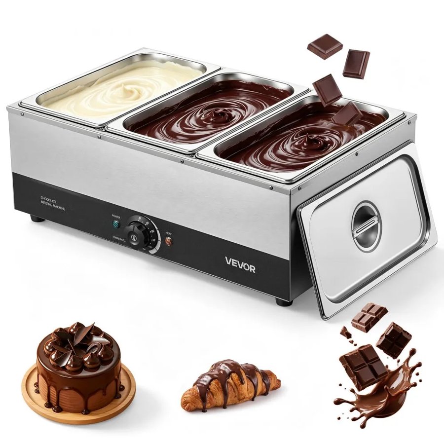 VEVOR Chocolate Melting Machine, 3 Tanks 12.2 kg Choc Commercial Melter, 1200W High Power, Water Bath Heating System, Stainless Steel Body, 30℃ to 85℃ Temp Range, Chocolate Warmer for Cheese Milk