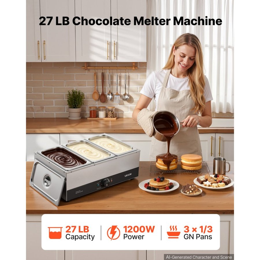 VEVOR Chocolate Melting Machine, 3 Tanks 12.2 kg Choc Commercial Melter, 1200W High Power, Water Bath Heating System, Stainless Steel Body, 30℃ to 85℃ Temp Range, Chocolate Warmer for Cheese Milk