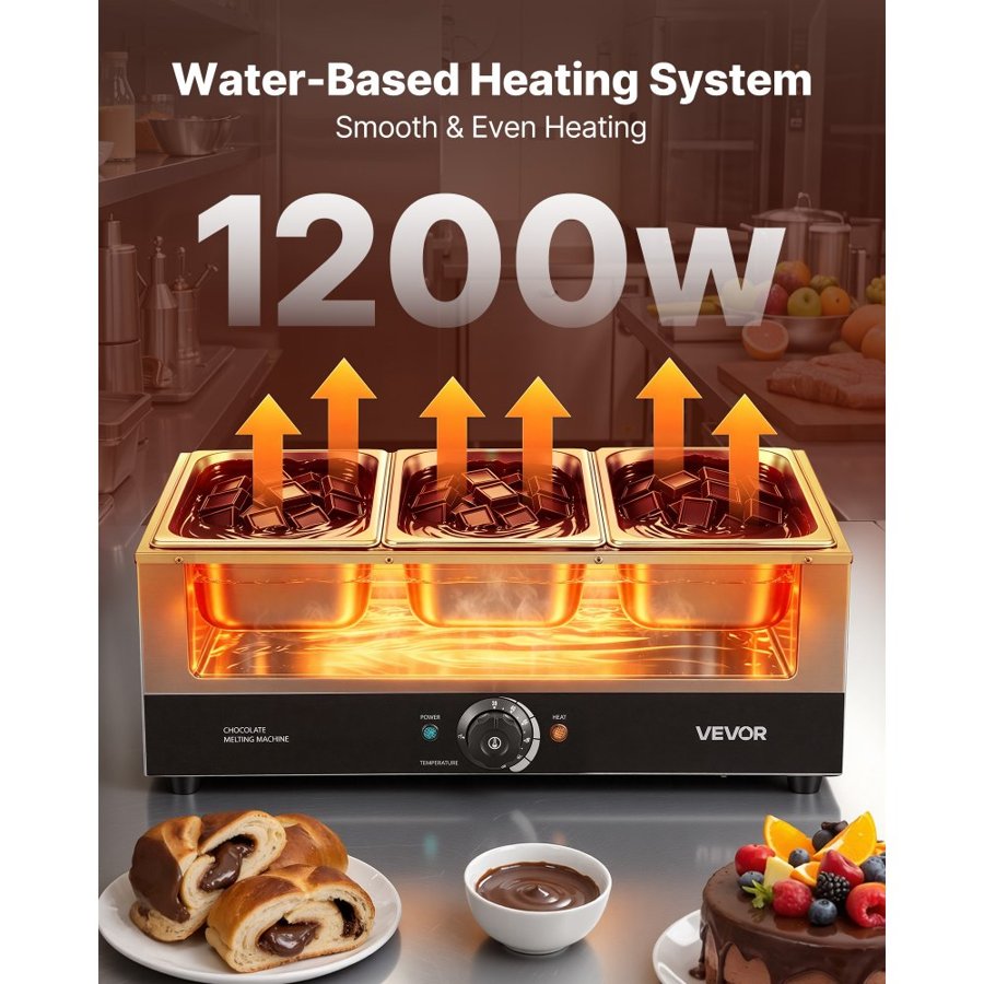 VEVOR Chocolate Melting Machine, 3 Tanks 12.2 kg Choc Commercial Melter, 1200W High Power, Water Bath Heating System, Stainless Steel Body, 30℃ to 85℃ Temp Range, Chocolate Warmer for Cheese Milk