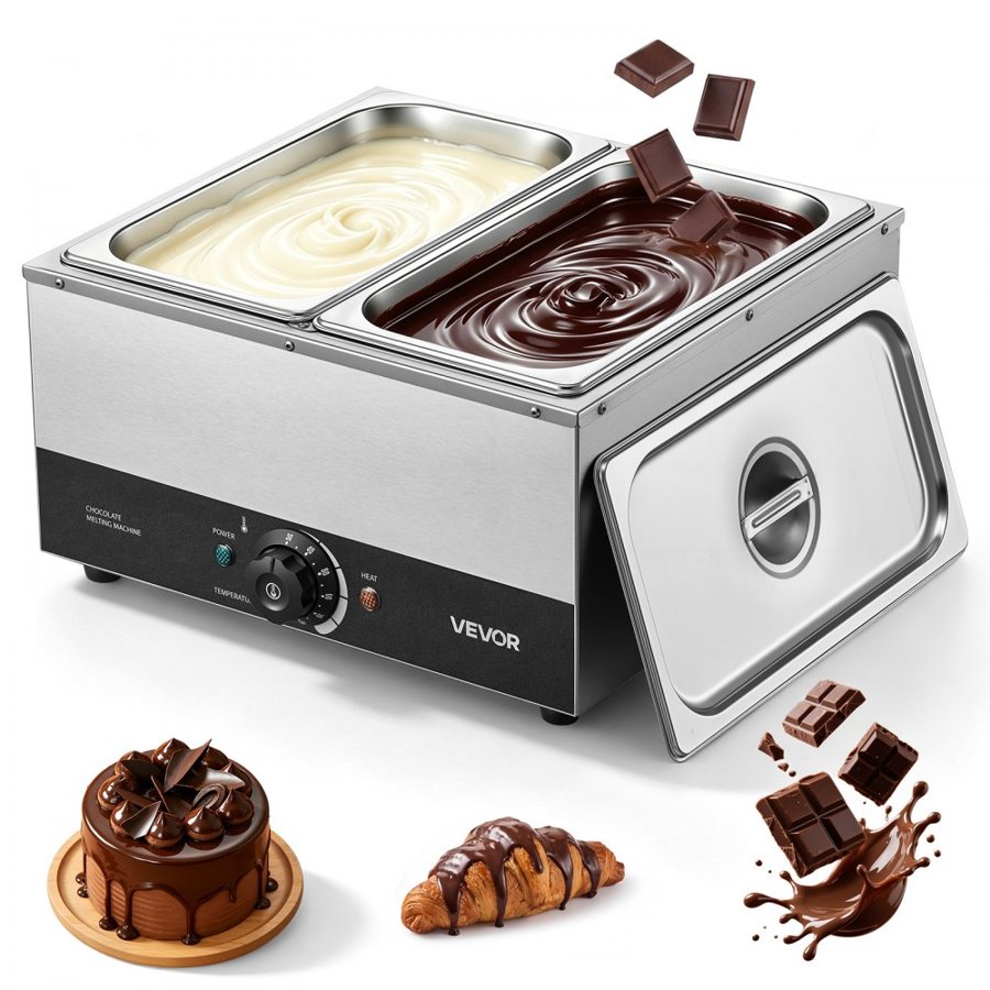 VEVOR Chocolate Melting Machine, 2 Tanks 8.2 kg Choc Commercial Melter, 1200W High Power, Water Bath Heating System, Stainless Steel Body, 30℃ to 85℃ Temp Range, Chocolate Warmer for Cheese Milk