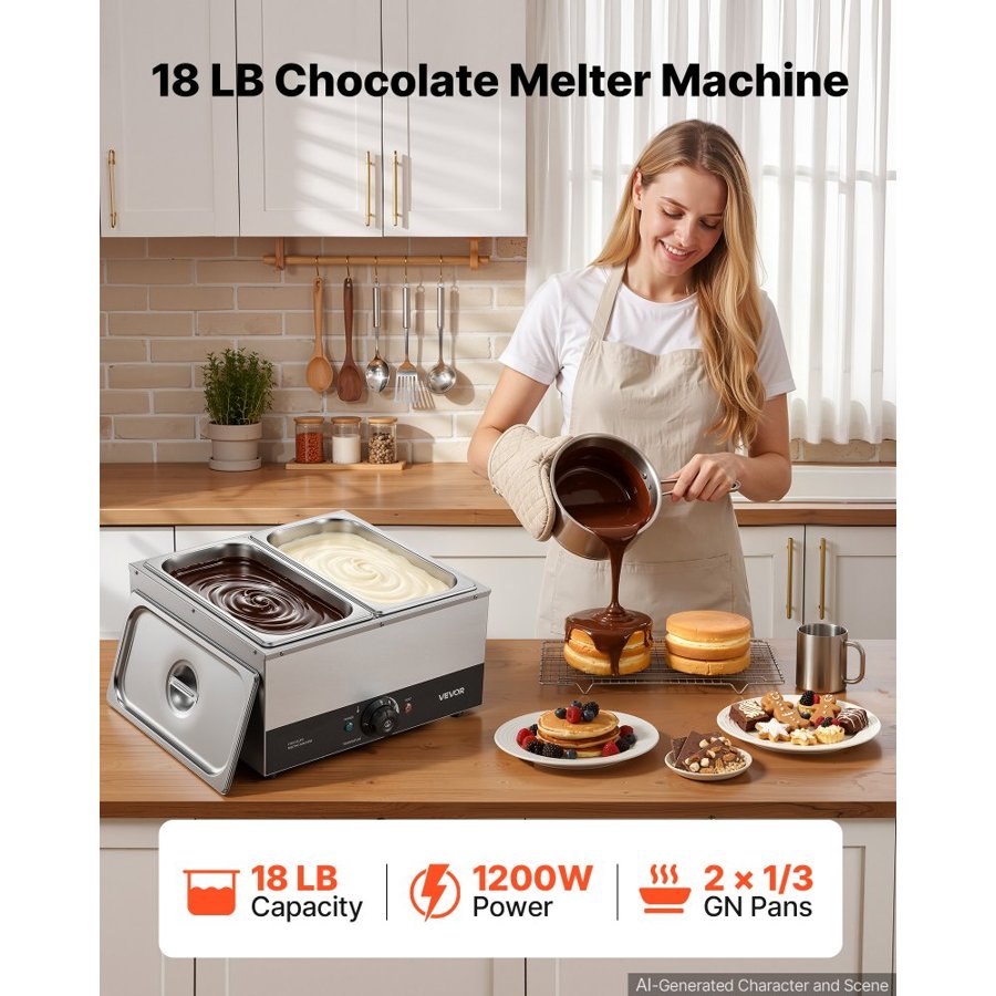VEVOR Chocolate Melting Machine, 2 Tanks 8.2 kg Choc Commercial Melter, 1200W High Power, Water Bath Heating System, Stainless Steel Body, 30℃ to 85℃ Temp Range, Chocolate Warmer for Cheese Milk
