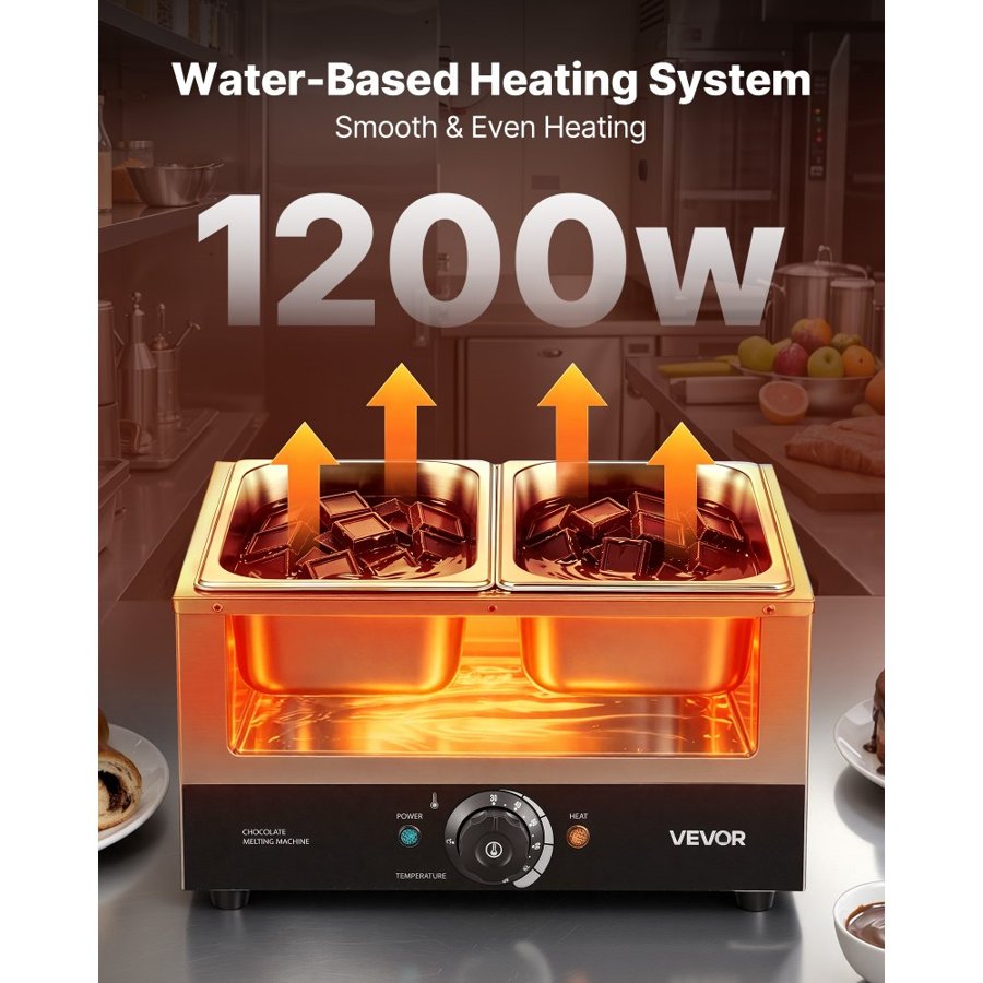 VEVOR Chocolate Melting Machine, 2 Tanks 8.2 kg Choc Commercial Melter, 1200W High Power, Water Bath Heating System, Stainless Steel Body, 30℃ to 85℃ Temp Range, Chocolate Warmer for Cheese Milk