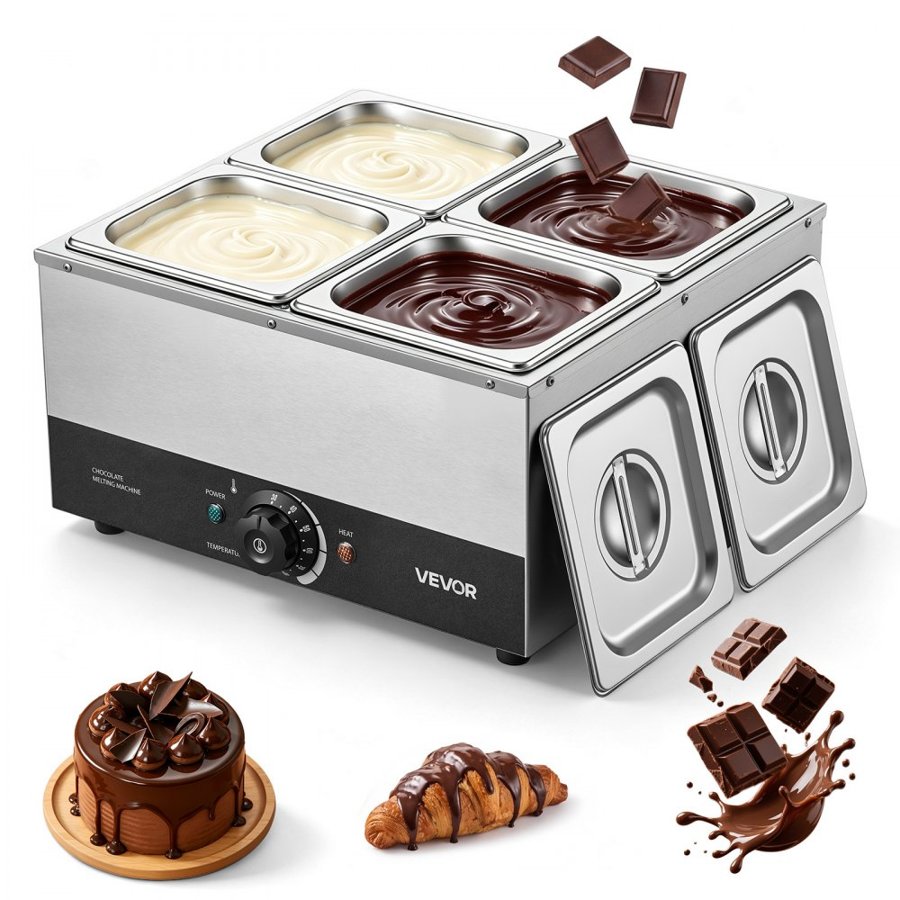 VEVOR Chocolate Melting Machine, 4 Tanks 8.2 kg Choc Commercial Melter, 1200W High Power, Water Bath Heating System, Stainless Steel Body, 30℃ to 85℃ Temp Range, Chocolate Warmer for Cheese Milk