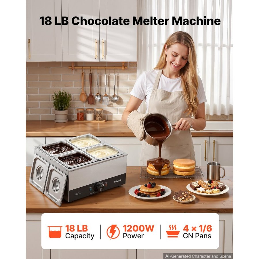 VEVOR Chocolate Melting Machine, 4 Tanks 8.2 kg Choc Commercial Melter, 1200W High Power, Water Bath Heating System, Stainless Steel Body, 30℃ to 85℃ Temp Range, Chocolate Warmer for Cheese Milk