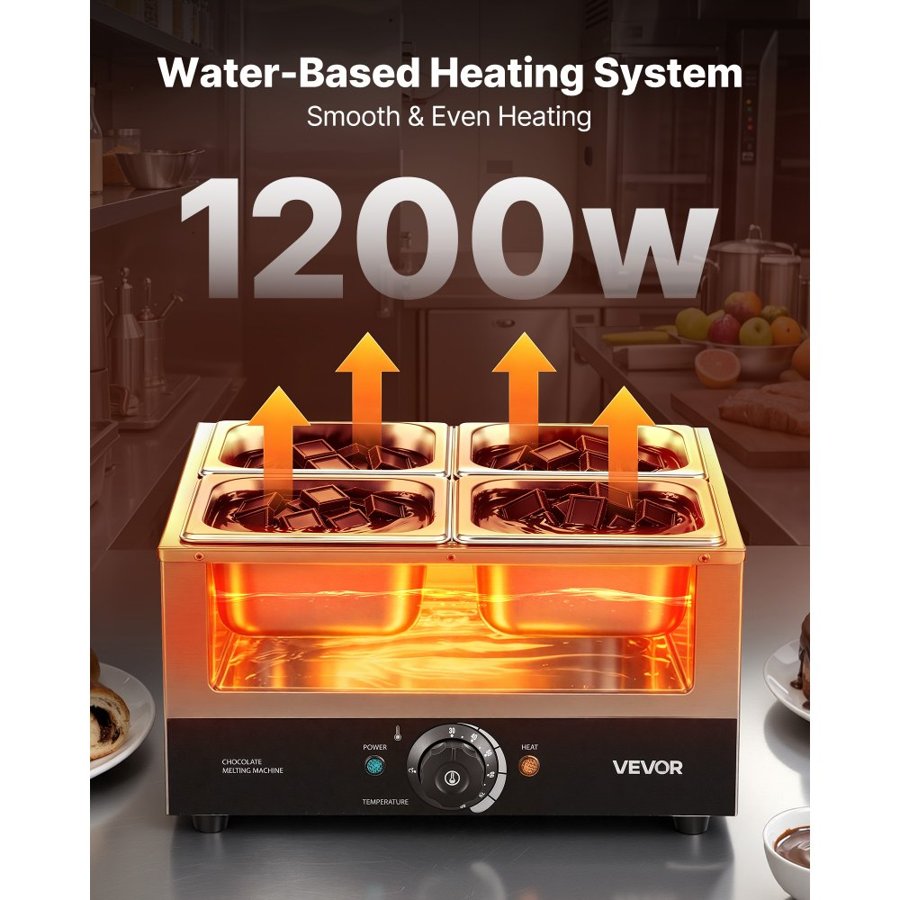 VEVOR Chocolate Melting Machine, 4 Tanks 8.2 kg Choc Commercial Melter, 1200W High Power, Water Bath Heating System, Stainless Steel Body, 30℃ to 85℃ Temp Range, Chocolate Warmer for Cheese Milk