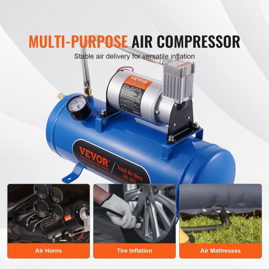 VEVOR 12V Air Compressor with Tank 1.6 Gallon/6 L, Train Horn Air Compressor, 120 psi Working Pressure Onboard Air Compressor System for Train Air Horns, Inflating Tires, Air Mattresses