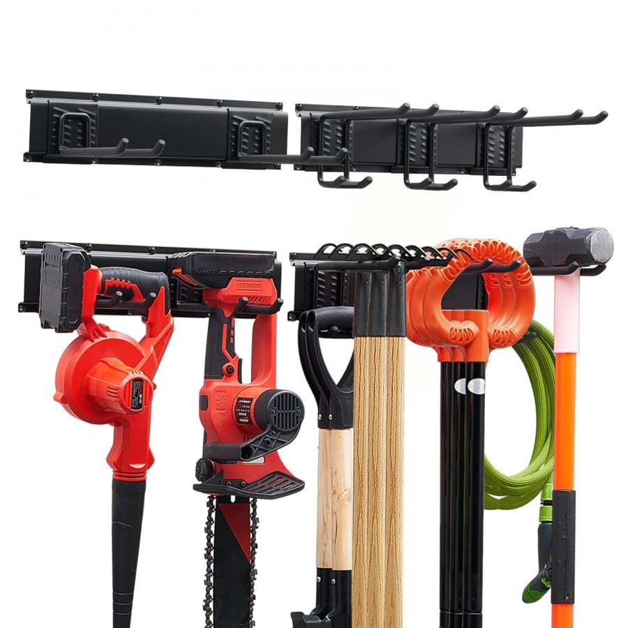 VEVOR Garage Tool Organizer 838.2 mm 181 kg Wall Mount Garden Tool Rack, Heavy Duty Garage Hanging Storage Rack Organization with 2 Rails and 5 Adjustable Hooks, for Yard Tools, Shovel, Rake, Shed