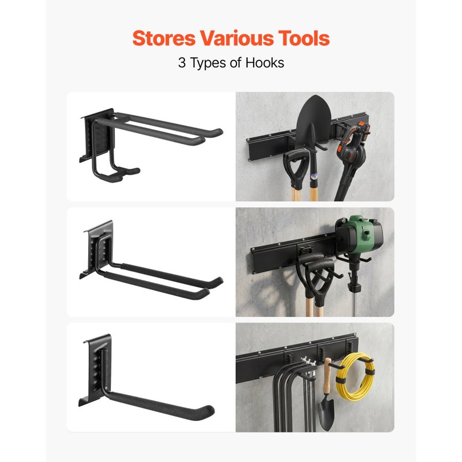 VEVOR Garage Tool Organizer 1257.3 mm 272 kg Wall Mount Garden Tool Rack, Heavy Duty Garage Hanging Storage Rack Organization with 3 Rails and 9 Adjustable Hooks, for Yard Tools, Shovel, Rake, Shed