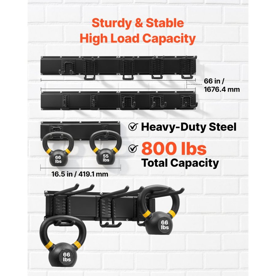 VEVOR Garage Tool Organizer 1676.4 mm 363 kg Wall Mount Garden Tool Rack, Heavy Duty Garage Hanging Storage Rack Organization with 4 Rails and 10 Adjustable Hooks, for Yard Tools, Shovel, Rake, Shed