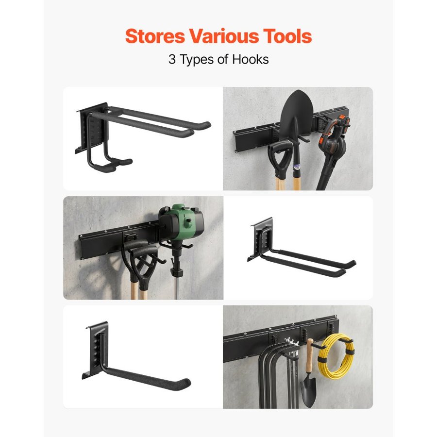 VEVOR Garage Tool Organizer 1676.4 mm 363 kg Wall Mount Garden Tool Rack, Heavy Duty Garage Hanging Storage Rack Organization with 4 Rails and 10 Adjustable Hooks, for Yard Tools, Shovel, Rake, Shed