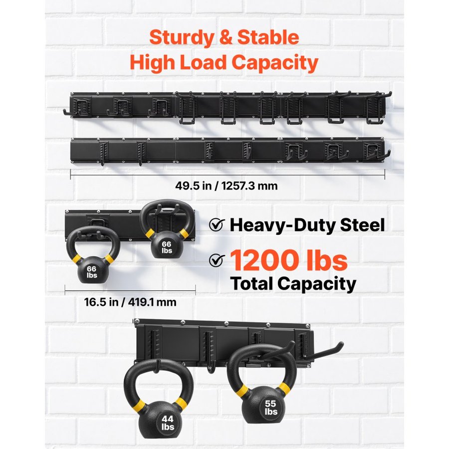 VEVOR Garage Tool Organizer 2514.6 mm 544 kg Wall Mount Garden Tool Rack, Heavy Duty Garage Hanging Storage Rack Organization with 6 Rails and 16 Adjustable Hooks, for Yard Tools, Shovel, Rake, Shed