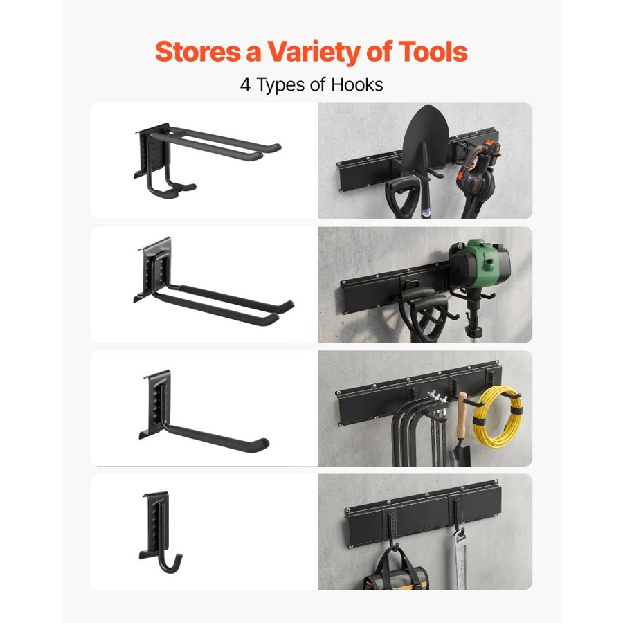 VEVOR Garage Tool Organizer 2514.6 mm 544 kg Wall Mount Garden Tool Rack, Heavy Duty Garage Hanging Storage Rack Organization with 6 Rails and 16 Adjustable Hooks, for Yard Tools, Shovel, Rake, Shed