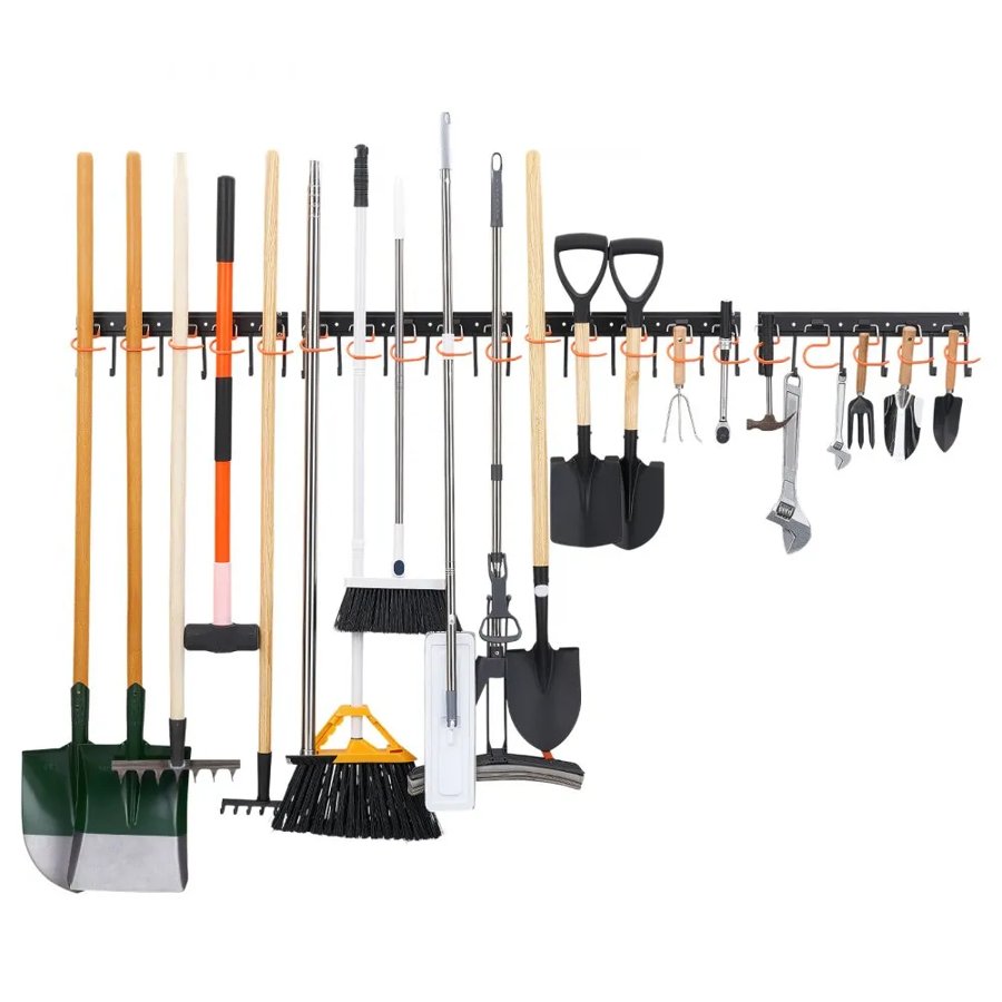 VEVOR Garage Tool Organizer 1727.2 mm 204 kg Wall Mount Garden Tool Rack, Heavy Duty Hanging Storage Organization, 4 Rails with 24 Fixed L-Hooks, 20 Adjustable S-Hooks, for Yard Tools, Shovel, Shed