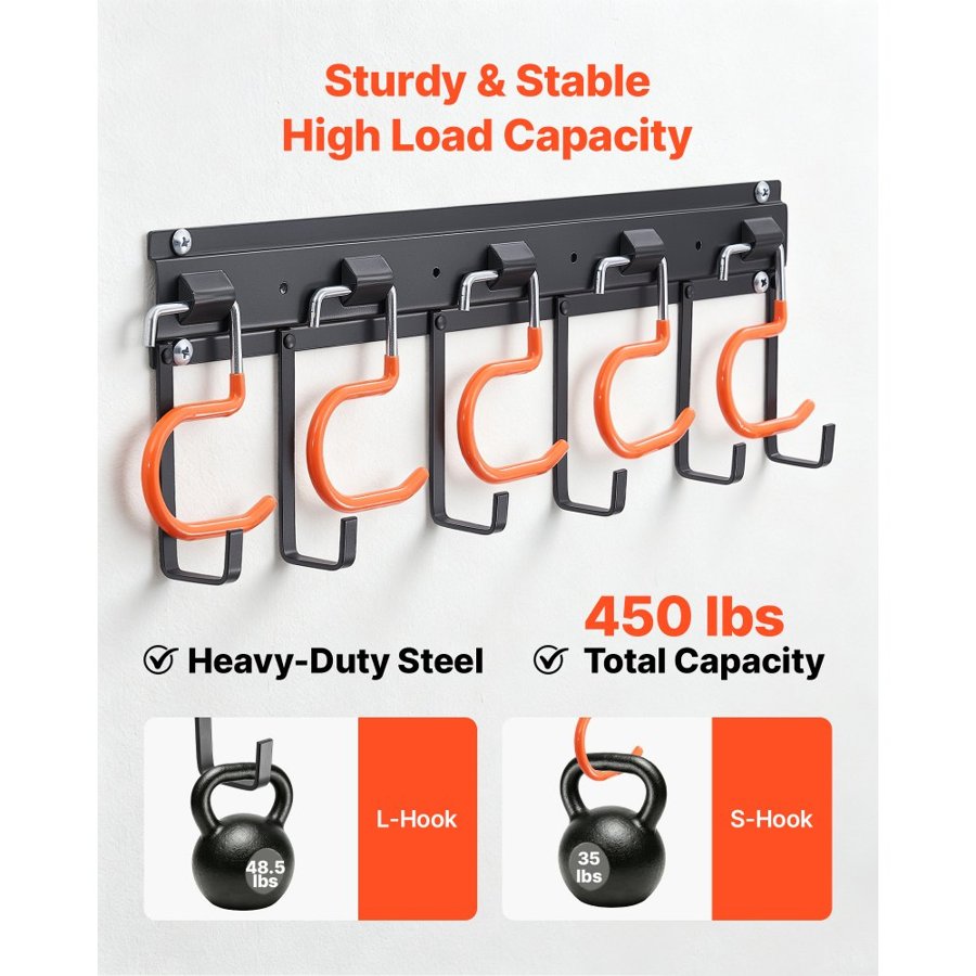 VEVOR Garage Tool Organizer 1727.2 mm 204 kg Wall Mount Garden Tool Rack, Heavy Duty Hanging Storage Organization, 4 Rails with 24 Fixed L-Hooks, 20 Adjustable S-Hooks, for Yard Tools, Shovel, Shed