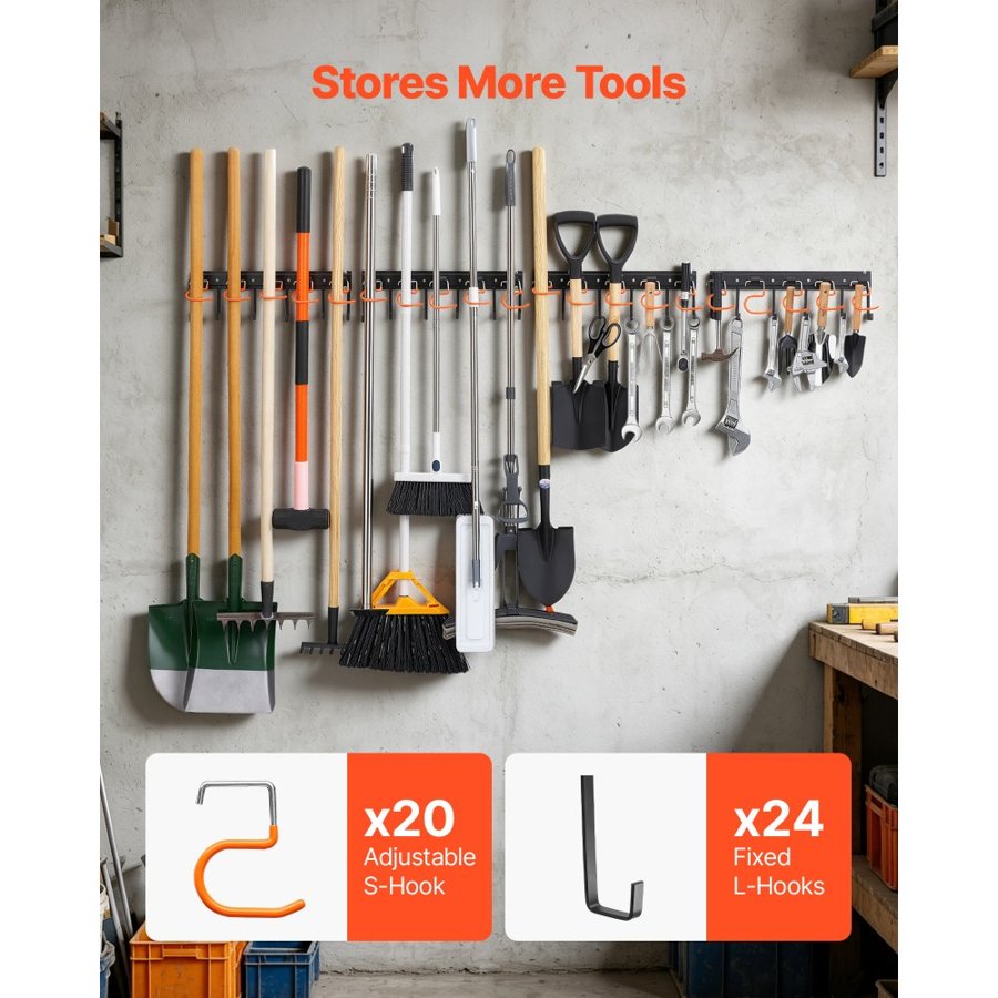 VEVOR Garage Tool Organizer 1727.2 mm 204 kg Wall Mount Garden Tool Rack, Heavy Duty Hanging Storage Organization, 4 Rails with 24 Fixed L-Hooks, 20 Adjustable S-Hooks, for Yard Tools, Shovel, Shed