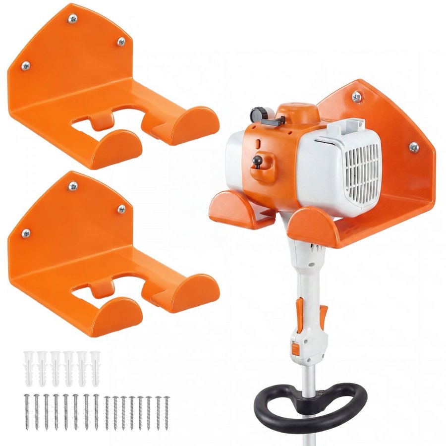 VEVOR Garage Organizer Trimmer Rack 150 mm 2 Pack 82 kg Total Capacity, Wall Mount Garden Power Tool Hanger Weed Whackers Holder for Grass/Hedge Trimmer, Leaf Blower, Chainsaw, Garden Tools, Orange