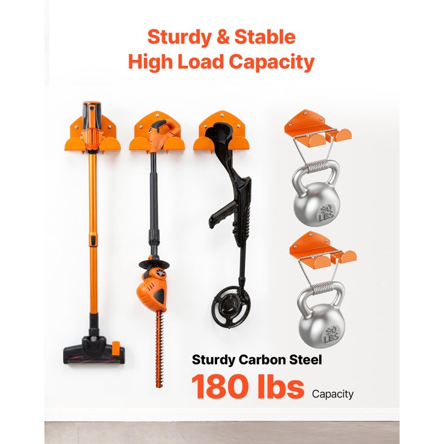 VEVOR Garage Organizer Trimmer Rack 150 mm 2 Pack 82 kg Total Capacity, Wall Mount Garden Power Tool Hanger Weed Whackers Holder for Grass/Hedge Trimmer, Leaf Blower, Chainsaw, Garden Tools, Orange