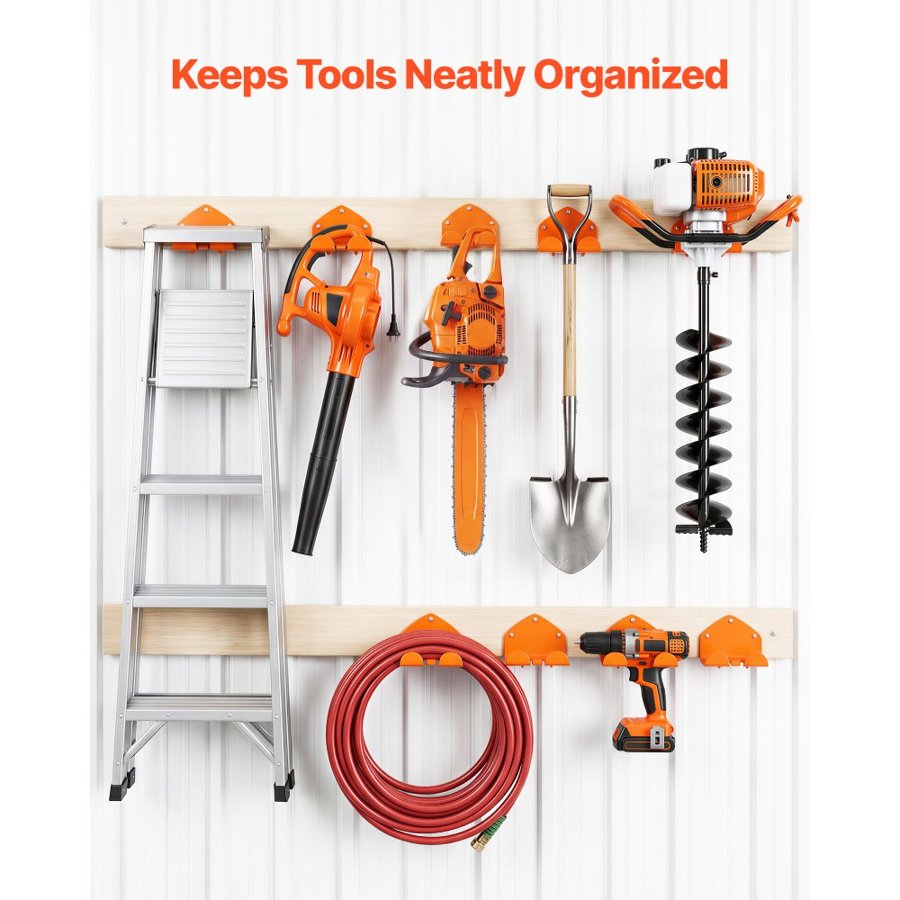 VEVOR Garage Organizer Trimmer Rack 150 mm 2 Pack 82 kg Total Capacity, Wall Mount Garden Power Tool Hanger Weed Whackers Holder for Grass/Hedge Trimmer, Leaf Blower, Chainsaw, Garden Tools, Orange