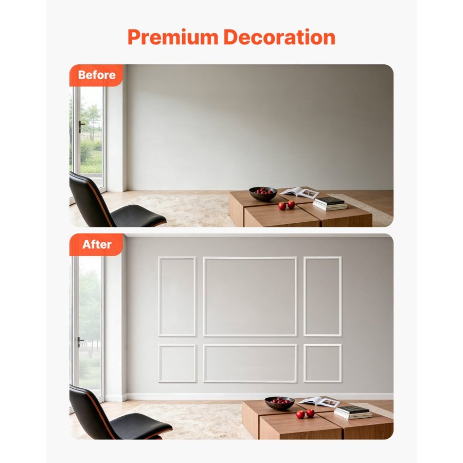VEVOR Wall Molding 3 Pack, Wainscoting Panels Kit, Lightweight Paintable Polystyrene, Easy to Install Accent Wall Trim for Interior Décor Living Room, Bedroom, Home, White (58x143 + 58x58 cm)