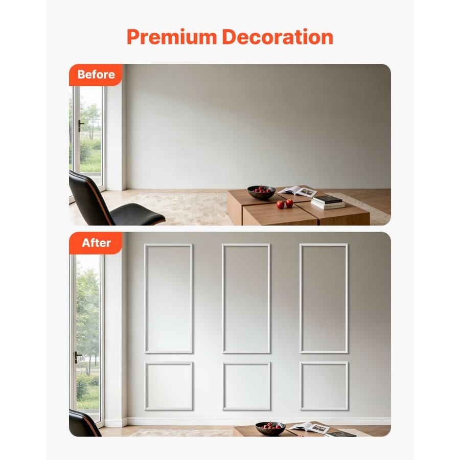 VEVOR Wall Molding 3 Pack, Wainscoting Panels Kit, Lightweight Paintable Polystyrene, Easy to Install, Waterproof Accent Wide Profile Trim for Interior Living Room, Bedroom,White (61x137 + 61x61 cm)