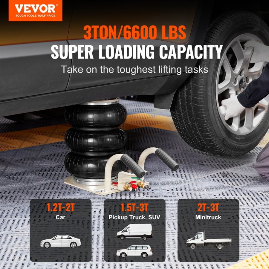 VEVOR Air Jack, 3 Ton/6600 lbs Triple Bag Air Jack, Airbag Jack with Six Steel Pipes, Lift up to 17.7 inch/450 mm, 3-5 s Fast Lifting Pneumatic Jack, with Side Handles for Car, Garage, Repair (White)