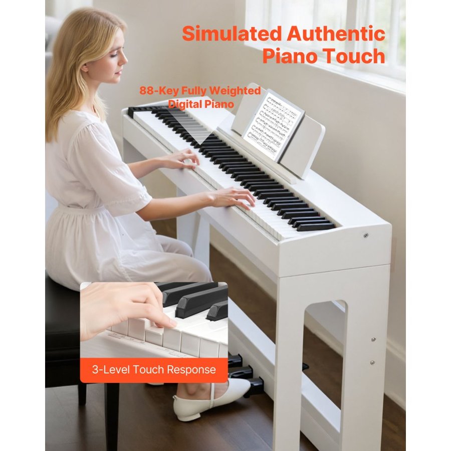 VEVOR Weighted Digital Piano, 88 Keys Fully Weighted, Electric Piano Keyboard with Furniture Stand, Power Adapter, Triple Pedal, Record Function, 280 Tones, Wireless Connection, for Beginners, White