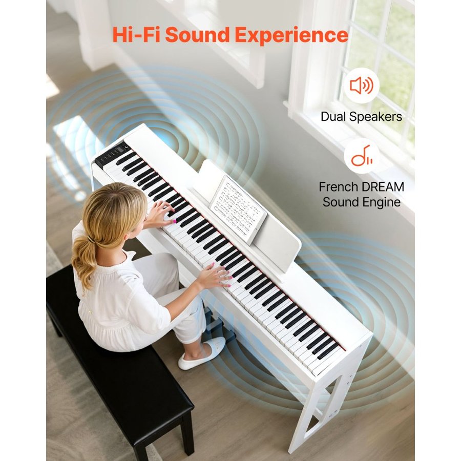 VEVOR Weighted Digital Piano, 88 Keys Fully Weighted, Electric Piano Keyboard with Furniture Stand, Power Adapter, Triple Pedal, Record Function, 280 Tones, Wireless Connection, for Beginners, White