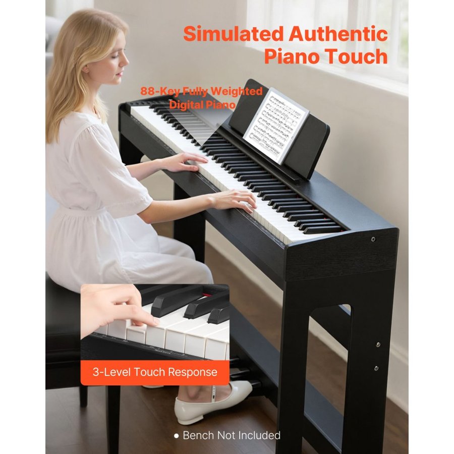 VEVOR Weighted Digital Piano, 88 Keys Fully Weighted, Electric Piano Keyboard with Furniture Stand, Power Adapter, Triple Pedal, Record Function, 280 Tones, Wireless Connection, for Beginners, Black