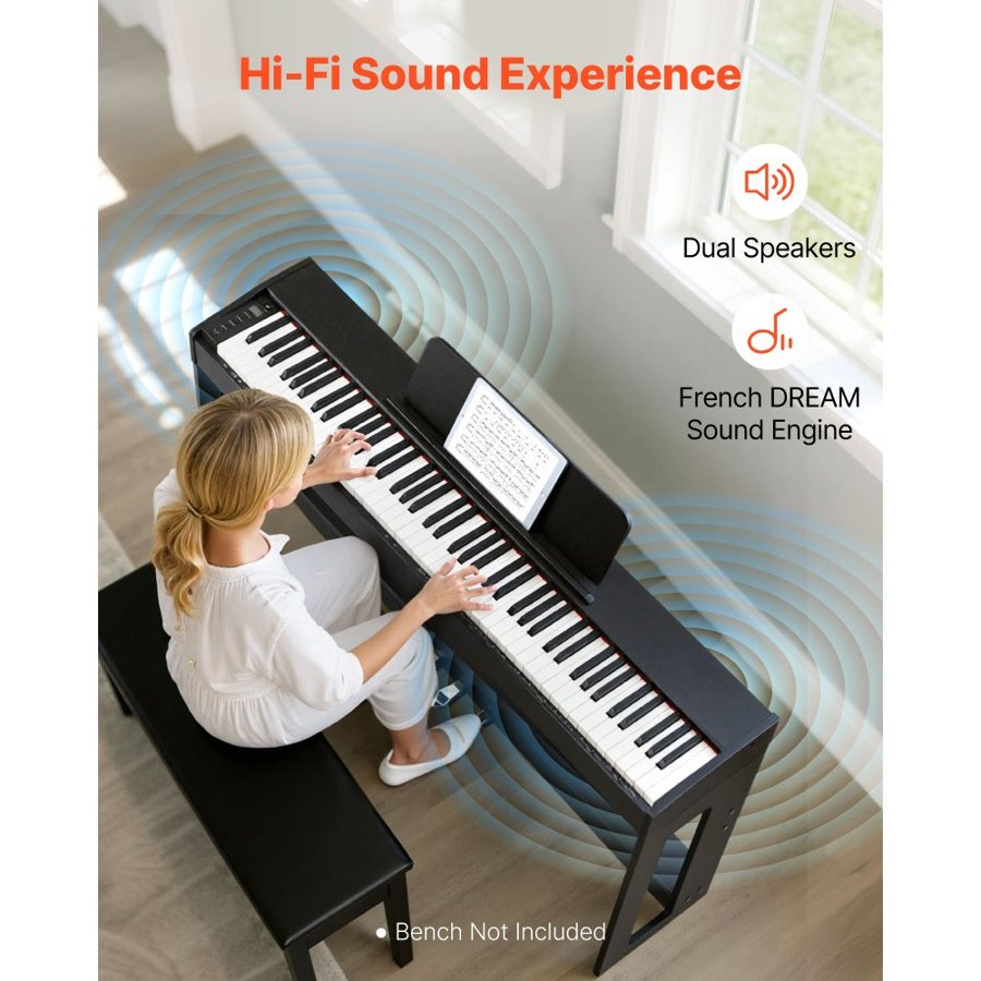 VEVOR Weighted Digital Piano, 88 Keys Fully Weighted, Electric Piano Keyboard with Furniture Stand, Power Adapter, Triple Pedal, Record Function, 280 Tones, Wireless Connection, for Beginners, Black