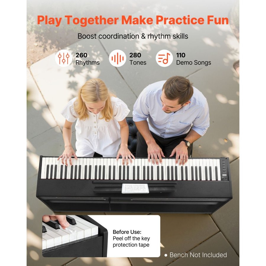 VEVOR Weighted Digital Piano, 88 Keys Fully Weighted, Electric Piano Keyboard with Furniture Stand, Power Adapter, Triple Pedal, Record Function, 280 Tones, Wireless Connection, for Beginners, Black