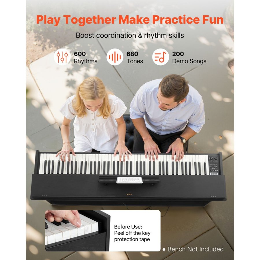 VEVOR Weighted Digital Piano, 88 Keys Fully Weighted, Electric Piano Keyboard with Furniture Stand, Power Adapter, Triple Pedal, 680 Tones, Support Wireless Connection, with Headphones, for Beginners