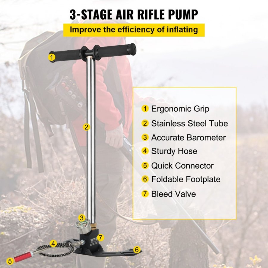 VEVOR 3-Stage Hand Stirrup Pump Stirrup Pump 4500 psi (0-30 MPa) Air Gun Rifle Pump Filling Stirrup Charger PCP Hand Pump Airguns with High grade 301 stainless steel