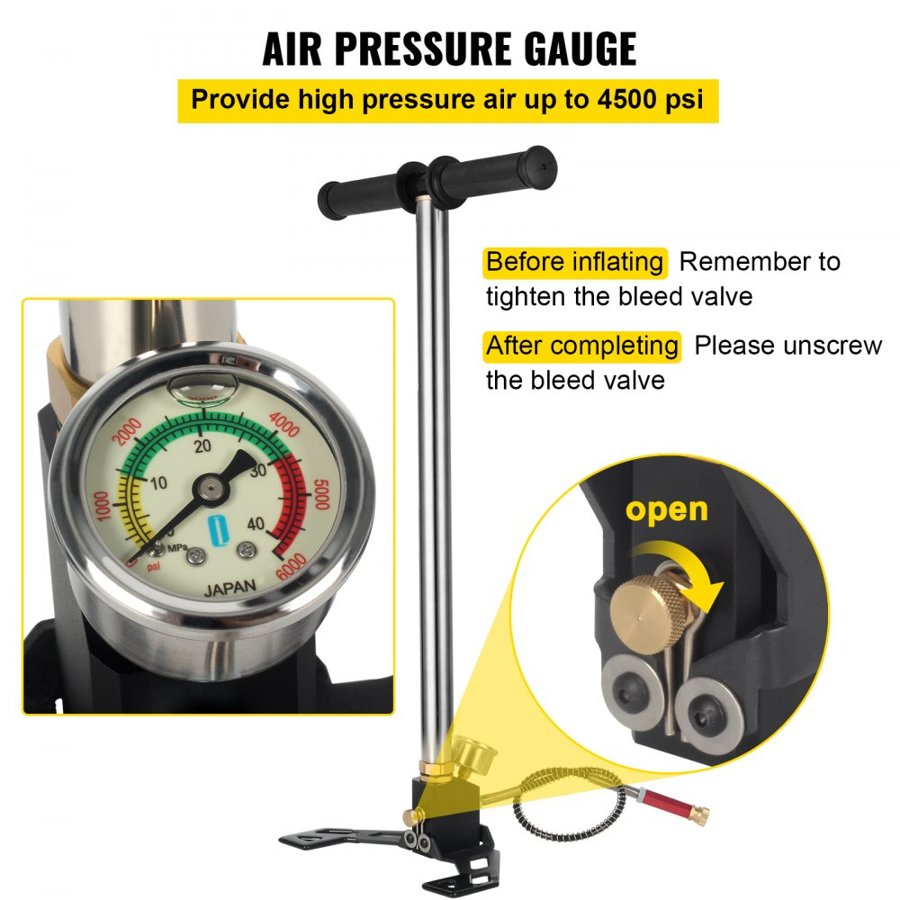 VEVOR 3-Stage Hand Stirrup Pump Stirrup Pump 4500 psi (0-30 MPa) Air Gun Rifle Pump Filling Stirrup Charger PCP Hand Pump Airguns with High grade 301 stainless steel