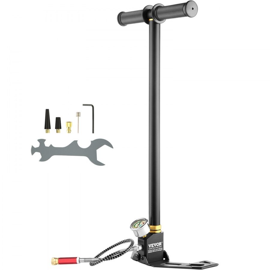 VEVOR PCP Hand Pump, 3 Stage, 30Mpa 4500 PSI High Pressure PCP Air Rifile Filling Stirrup Pump with Oil-Moisture Filter Pressure Gauge, Stainless Steel for Airguns Scuba Tank Paintball Filling Tire