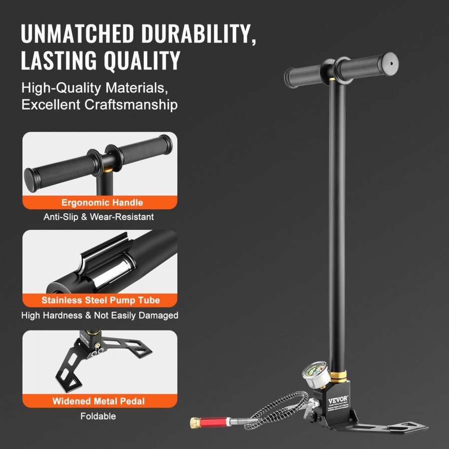 VEVOR PCP Hand Pump, 3 Stage, 30Mpa 4500 PSI High Pressure PCP Air Rifile Filling Stirrup Pump with Oil-Moisture Filter Pressure Gauge, Stainless Steel for Airguns Scuba Tank Paintball Filling Tire