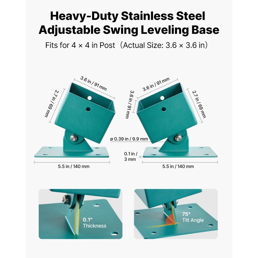 VEVOR Swing Set Brackets, 4 Pack Heavy Duty Swing Set Leveling Hardware, Fits 101.6 x 101.6 mm Post (Actual Size 91 x 91 mm), 45°-60° Angle Range, Stainless Steel Anchor Level Kit on Uneven Ground