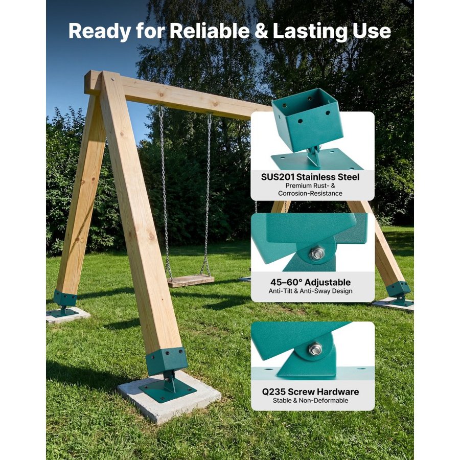 VEVOR Swing Set Brackets, 4 Pack Heavy Duty Swing Set Leveling Hardware, Fits 101.6 x 101.6 mm Post (Actual Size 91 x 91 mm), 45°-60° Angle Range, Stainless Steel Anchor Level Kit on Uneven Ground