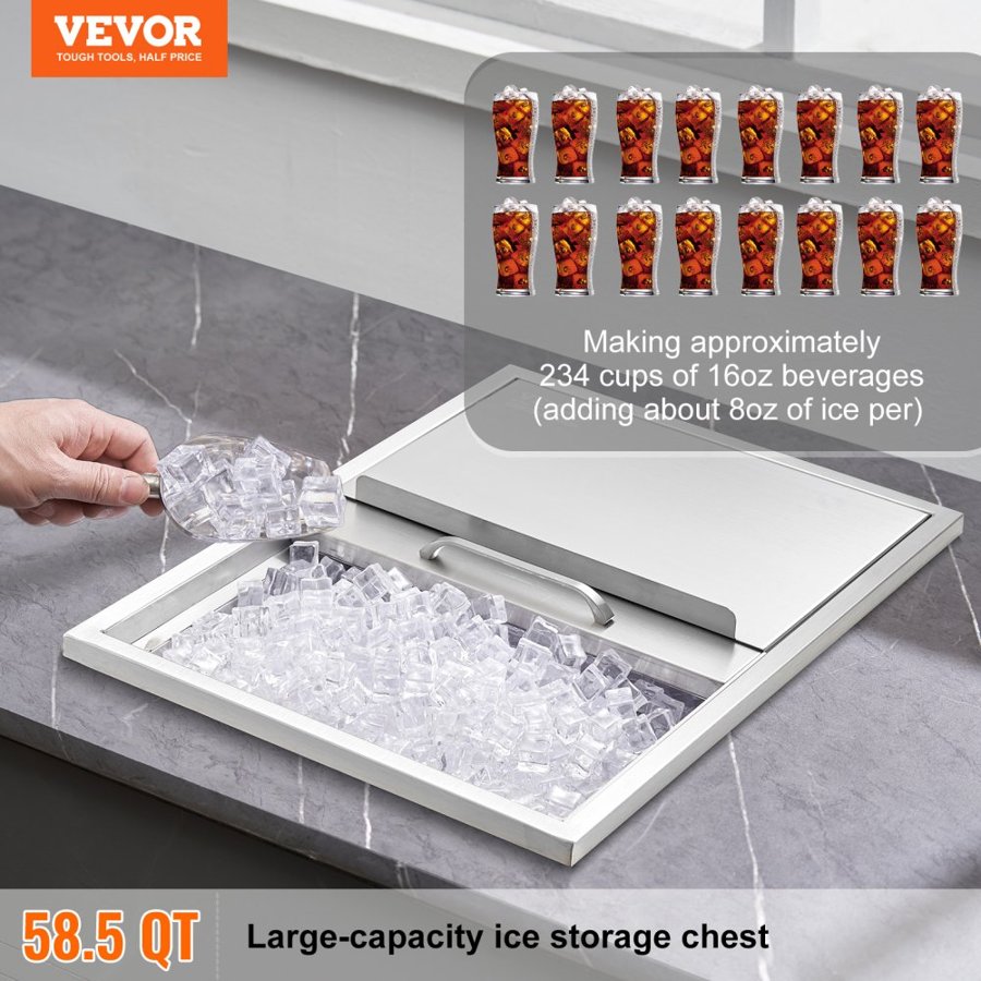 VEVOR Drop in Ice Chest, 61 cm L x 46 cm W x 33 cm H Stainless Steel Ice Cooler, Commercial Ice Bin with Sliding Cover, 38.7 L Outdoor Kitchen Ice Bar, Drain-pipe and Drain Plug Included, for Cold Wine Beer