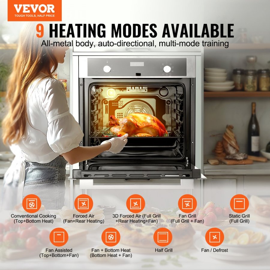 VEVOR Single Wall Oven, 24" Electric Built-in Wall Oven with 9 Cooking Functions, 2.68 Cu.Ft Electric Wall Ovens, Rapid heating to 200°C in 5min, 3550W Electric Oven with Baking Rack and Tray, Kitchen