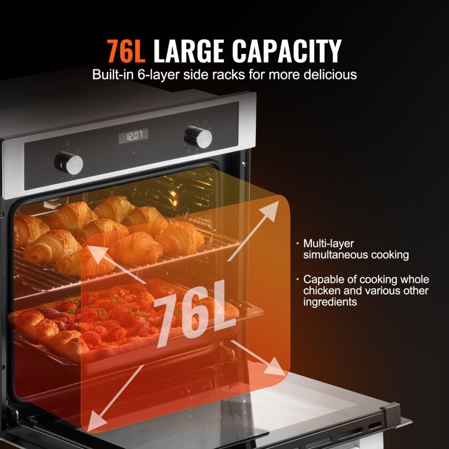 VEVOR Single Wall Oven, 24" Electric Built-in Wall Oven with 9 Cooking Functions, 2.68 Cu.Ft Electric Wall Ovens, Rapid heating to 200°C in 5min, 3550W Electric Oven with Baking Rack and Tray, Kitchen