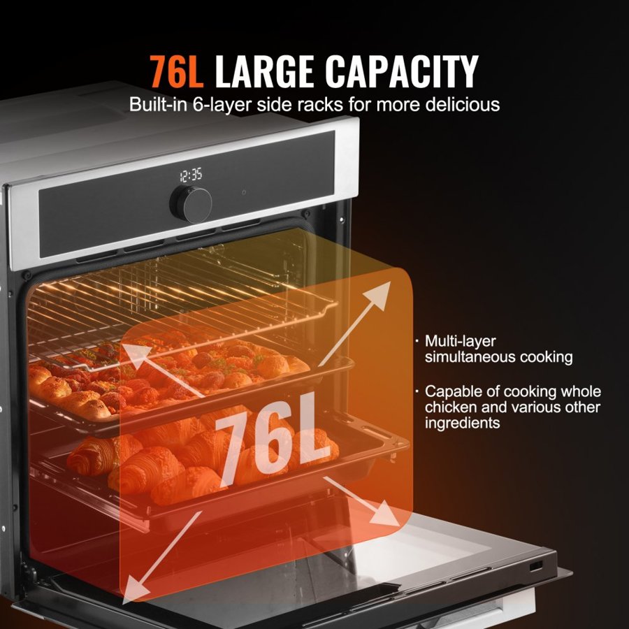 VEVOR Single Wall Oven, 24" Electric Built-in Wall Oven with 16 Cooking Functions, 2.68 Cu.Ft Electric Wall Ovens, Rapid heating to 200°C in 5min, 3550W Electric Oven w/ Baking Rack and Tray, Kitchen